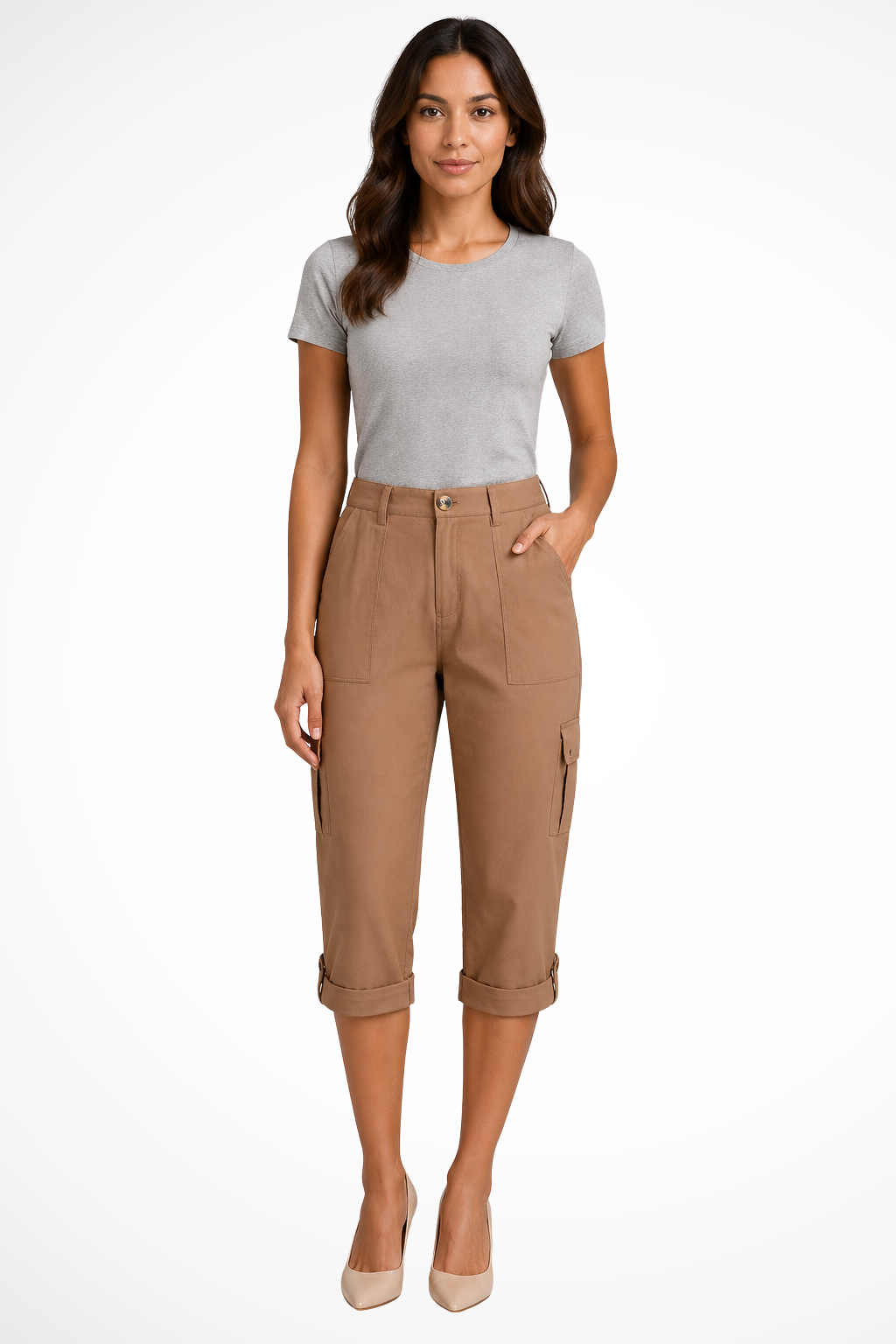 Women's Stylish Cropped Cargo Trousers for Daily Use Warm Khaki