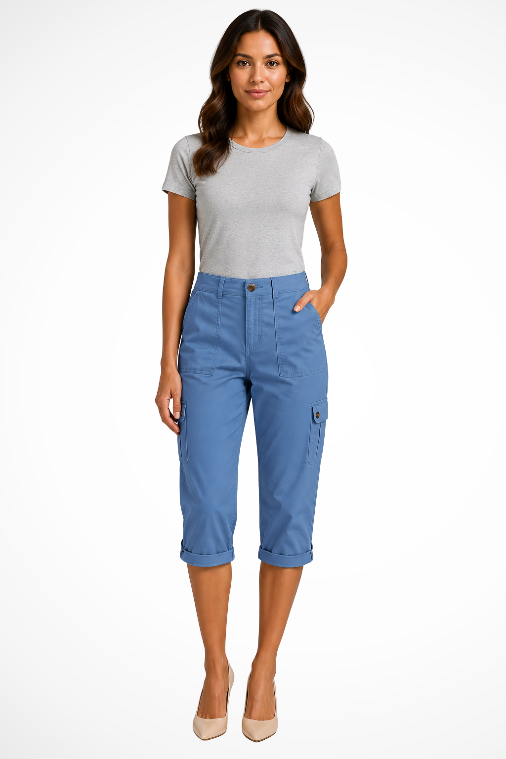 Women's Stylish Cropped Cargo Trousers for Daily Use Warm Blue
