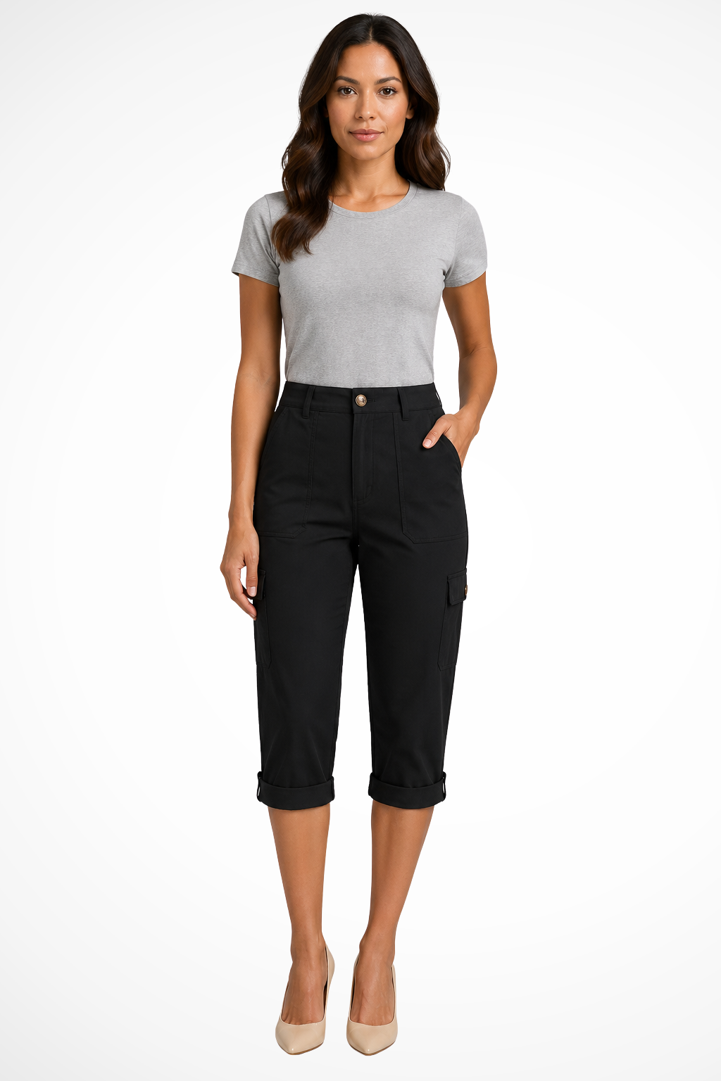 Women's Stylish Cropped Cargo Trousers for Daily Use Warm Black