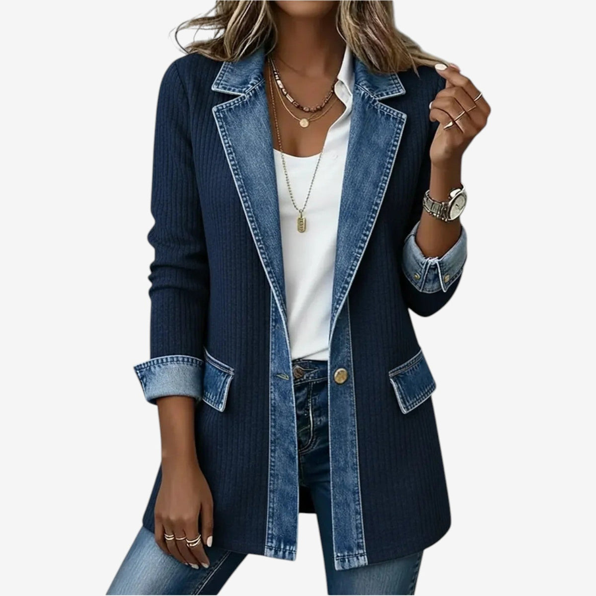 Women's Stylish Hybrid Denim Jacket with Button-front for Daily Use Navy Blue