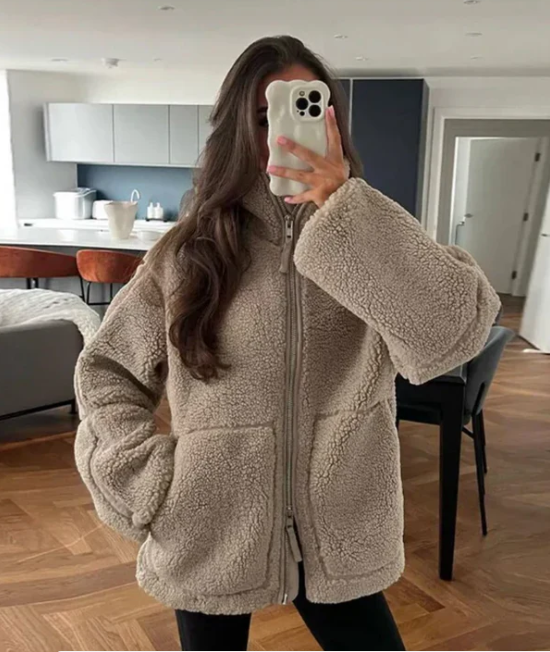 Women's Teddy Zip-Up Coat for Fall and Winter Everyday Wear Brown