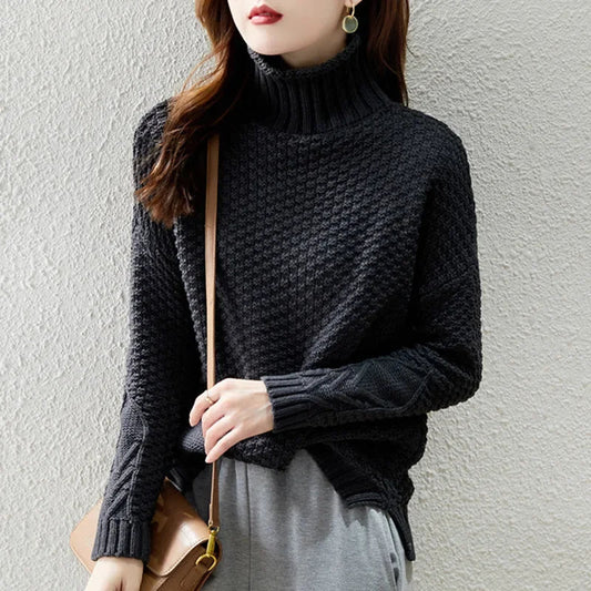 Women's Textured Knit Turtleneck Sweater for Daily Use Warm Black