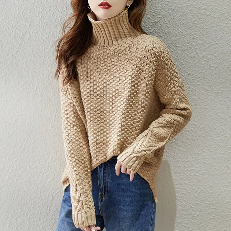Women's Textured Knit Turtleneck Sweater for Daily Use Warm Khaki