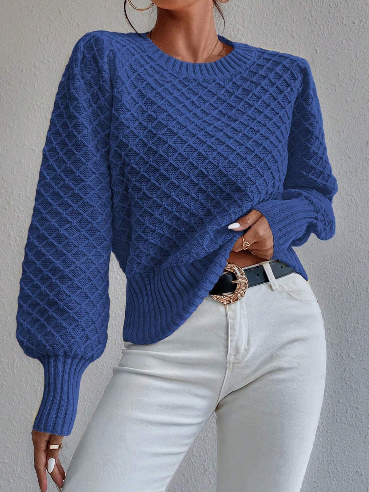 Women's Textured Long Sleeve Sweater for Fall and Winter Everyday Wear Blue