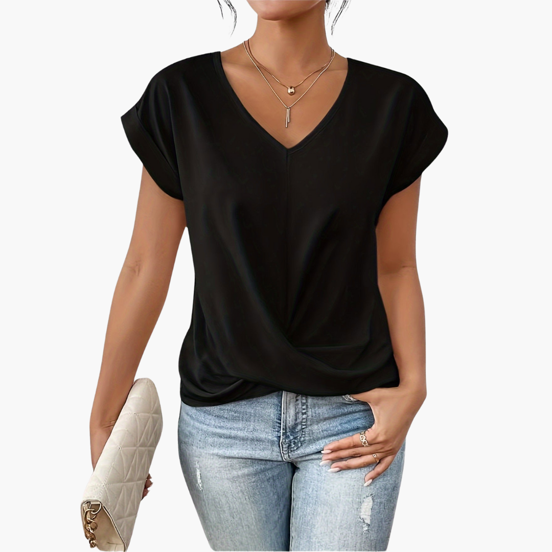 Women's Twist Front V-Neck T-Shirt for Fall and Winter Everyday Wear Black