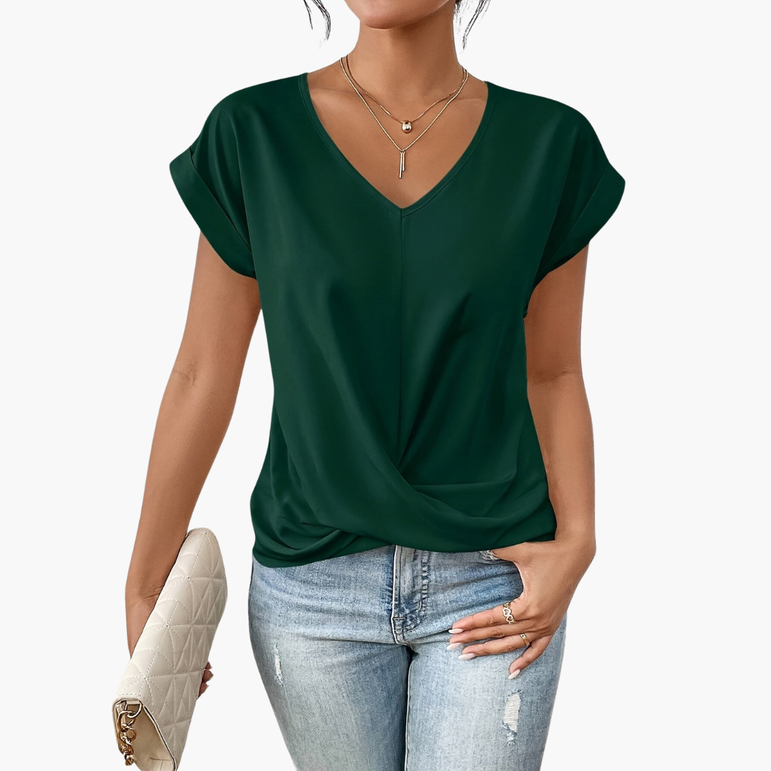 Women's Twist Front V-Neck T-Shirt for Fall and Winter Everyday Wear Green