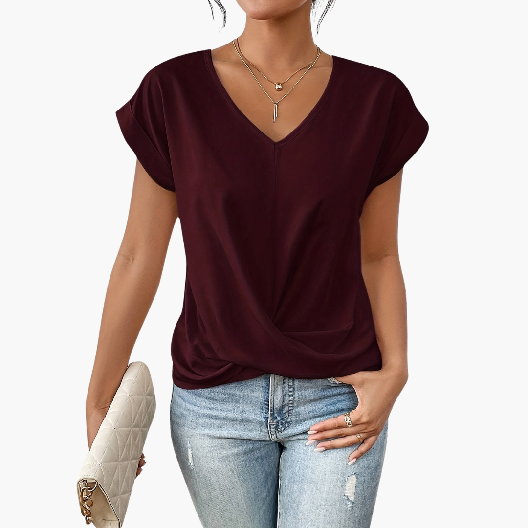 Women's Twist Front V-Neck T-Shirt for Fall and Winter Everyday Wear Burgundy