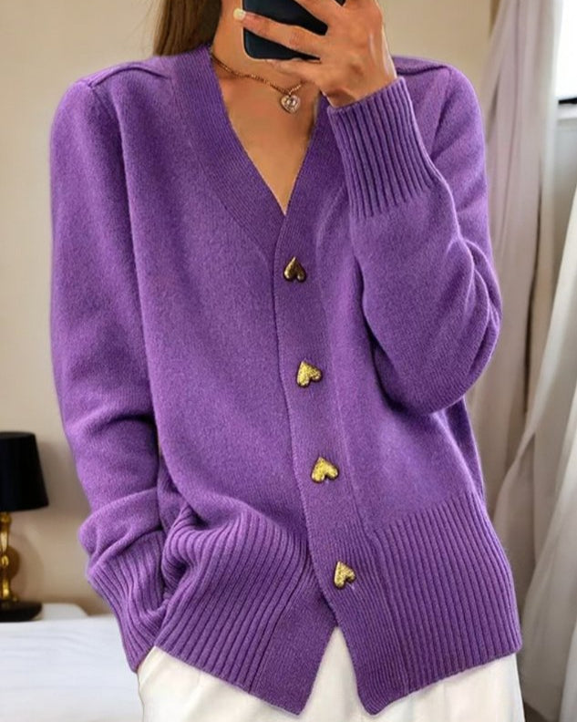 Women's V-Neck Button-Front Cardigan for Fall and Winter Everyday Wear Violet