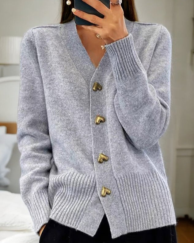 Women's V-Neck Button-Front Cardigan for Fall and Winter Everyday Wear Grey