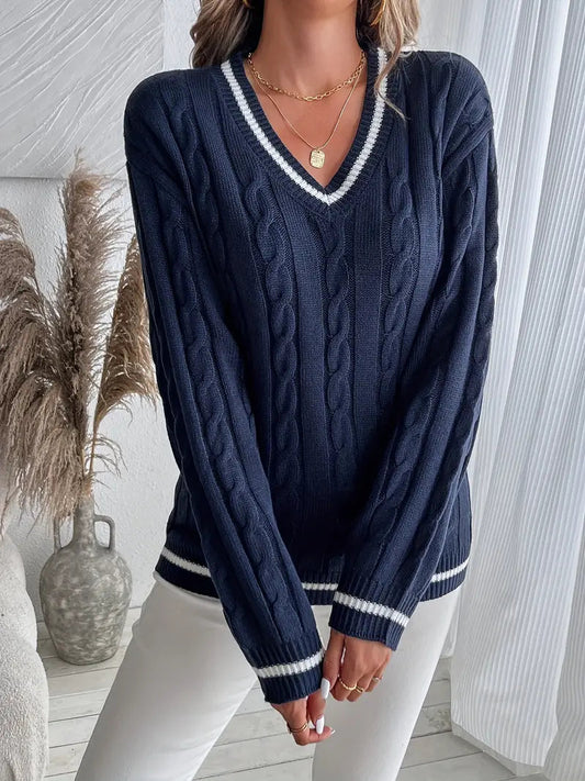 Women's V-Neck Cable Knit Sweater for Fall and Winter Everyday Wear