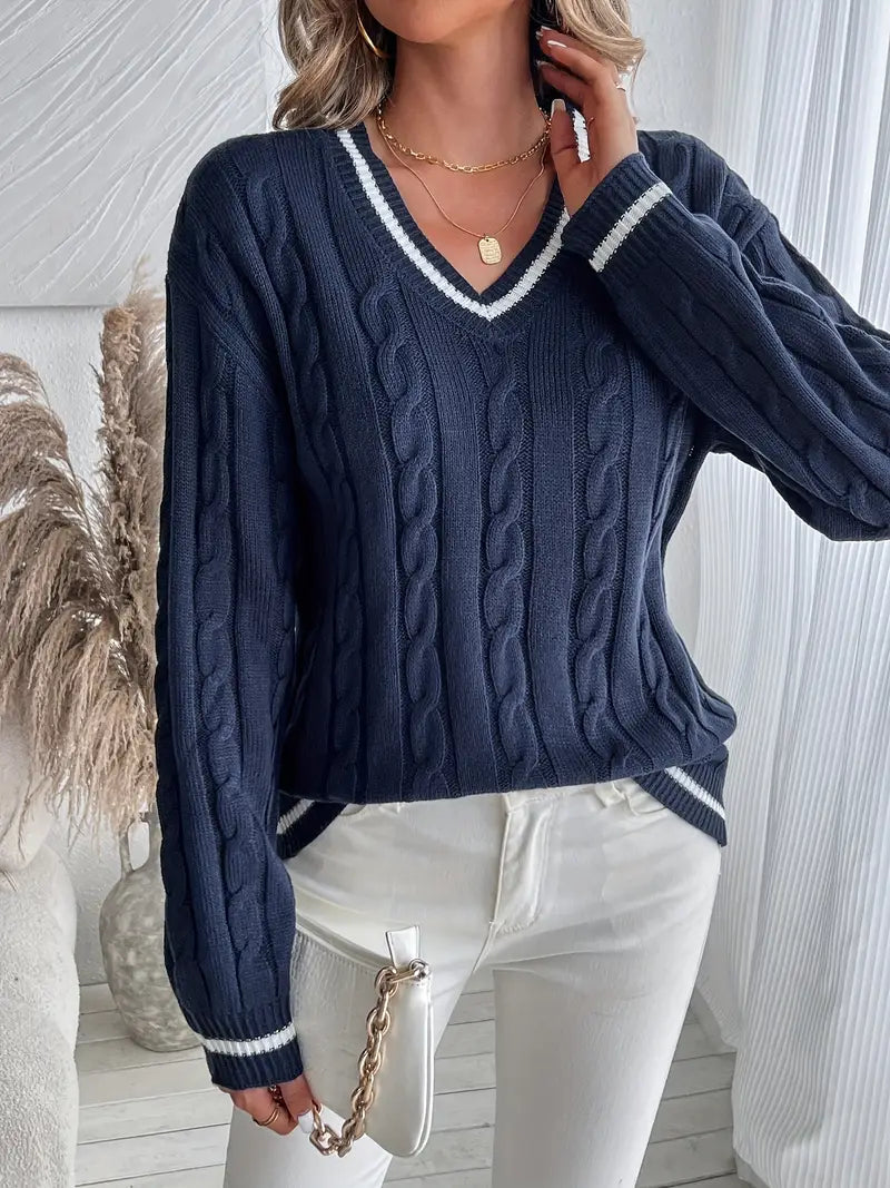 Women's V-Neck Cable Knit Sweater for Fall and Winter Everyday Wear