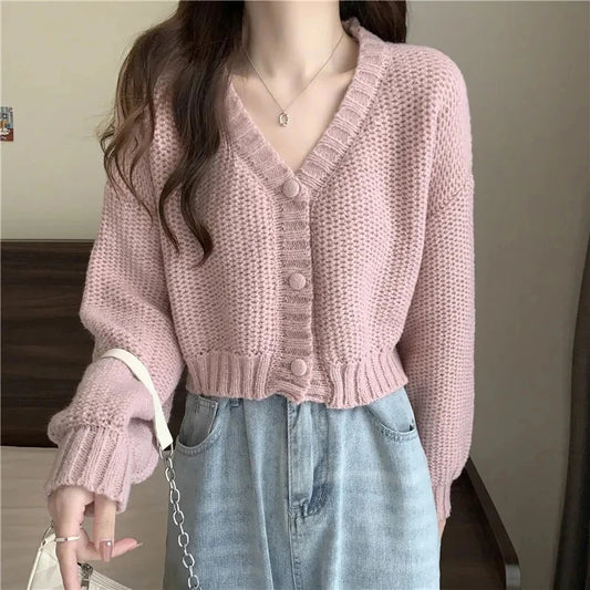 Women's V-Neck Fitted Cardigan for Fall and Winter Everyday Wear Pink