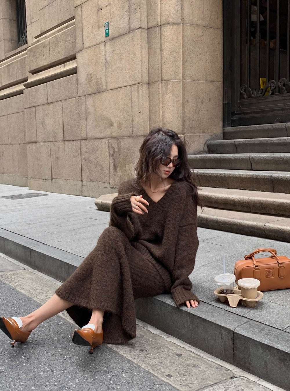 Women's V-Neck Knit Sweater Set for Fall and Winter Everyday Wear