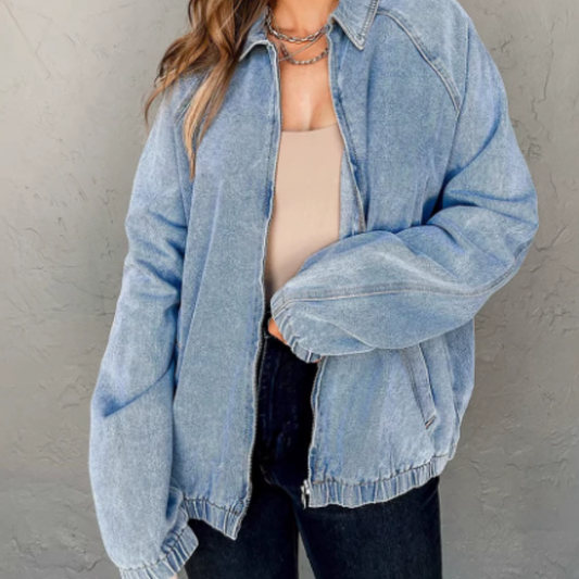 Women's Light Blue Zip-Up Bomber Jacket for Fall and Winter