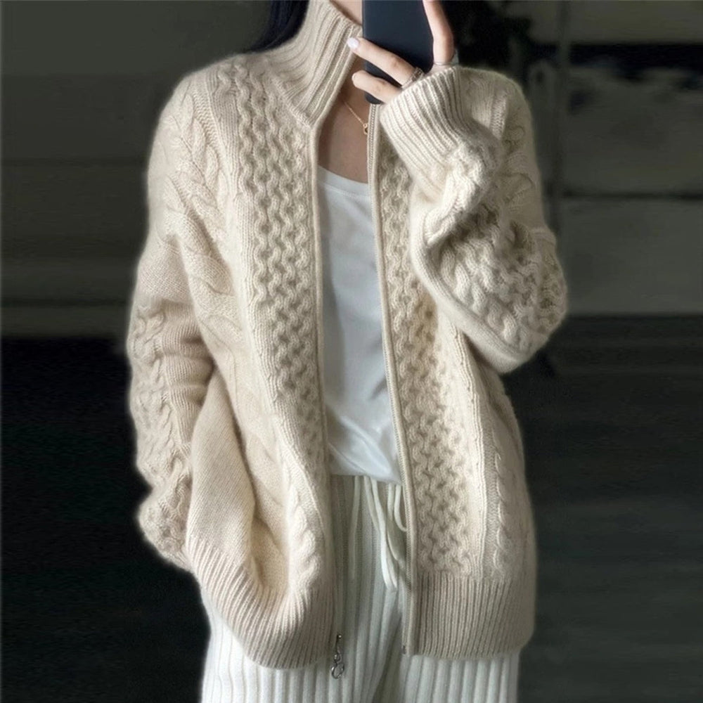 Women's Zip Up Cable Knit Cardigan for Fall and Winter Everyday Wear Beige