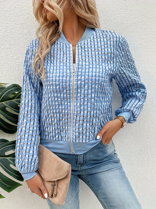 Women's Zip-Up Casual Bomber Jacket for Fall and Winter Everyday Wear Light Blue