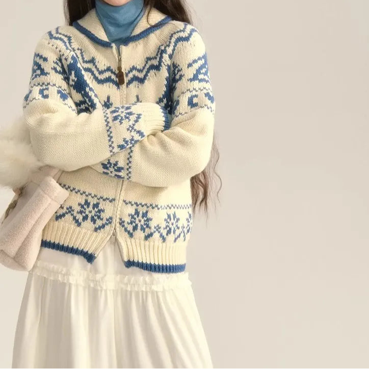 Women's Zip-Up Fair Isle Knit Cardigan for Daily Use Warm