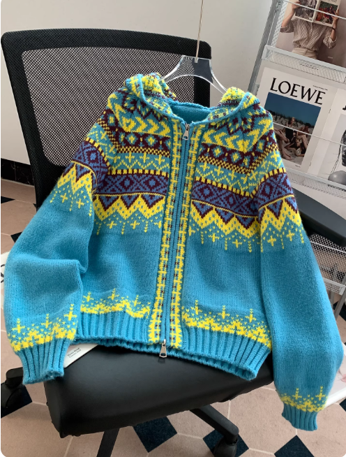 Women's Zip-Up Fair Isle Knit Cardigan for Daily Use Warm Blue