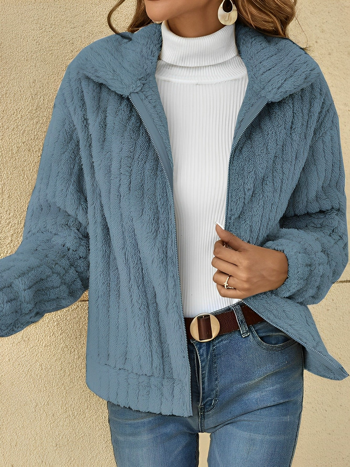 Women's Zip-Up Relaxed Fit Jacket for Fall and Winter Everyday Wear Blue