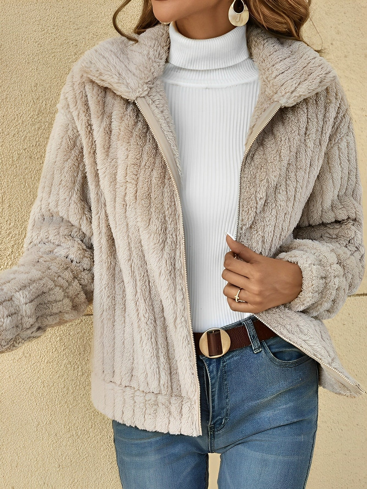 Women's Zip-Up Relaxed Fit Jacket for Fall and Winter Everyday Wear Khaki
