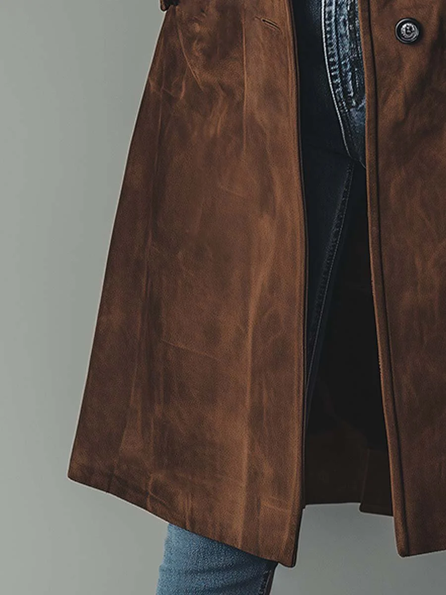 Women's Long Faux Suede Trench Coat with Button Front for Daily Use