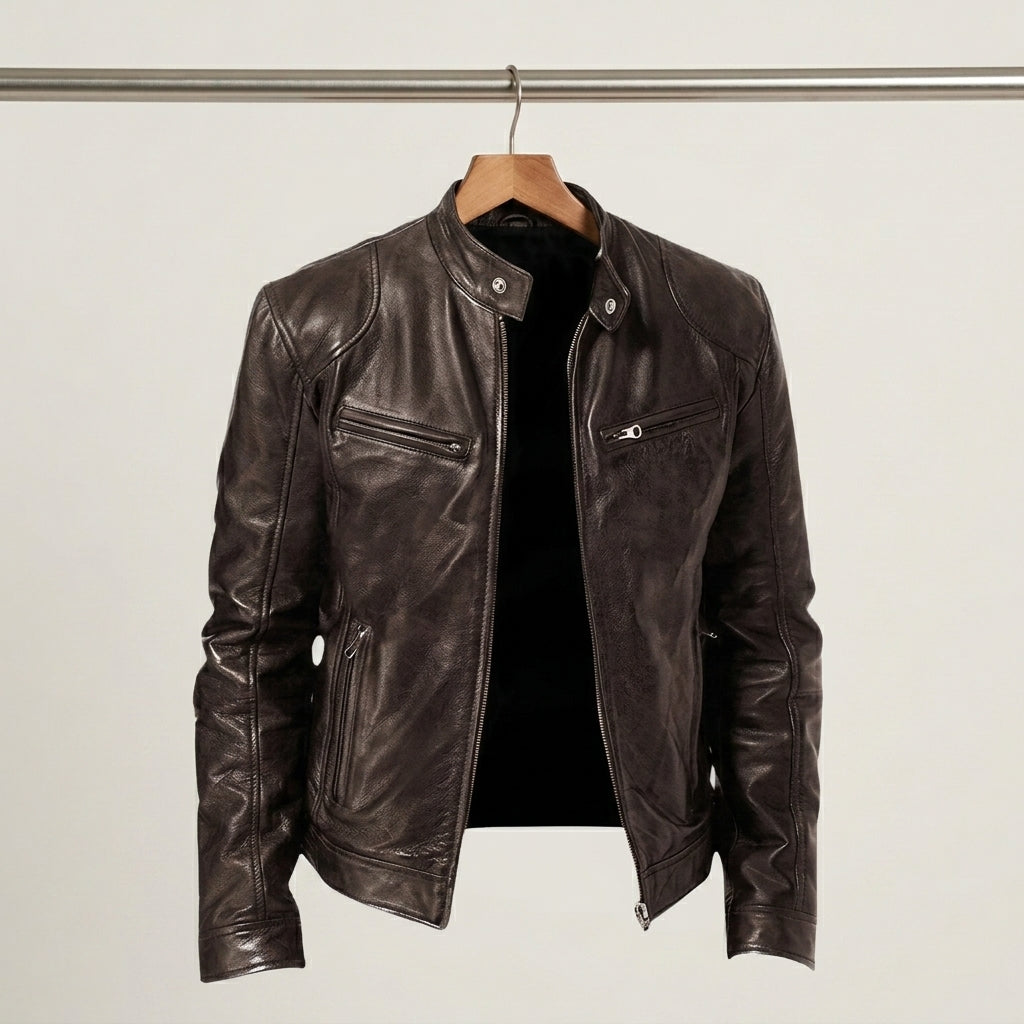 Men's Stylish Leather Jacket with Dual Chest Zippers for Daily Use Brown
