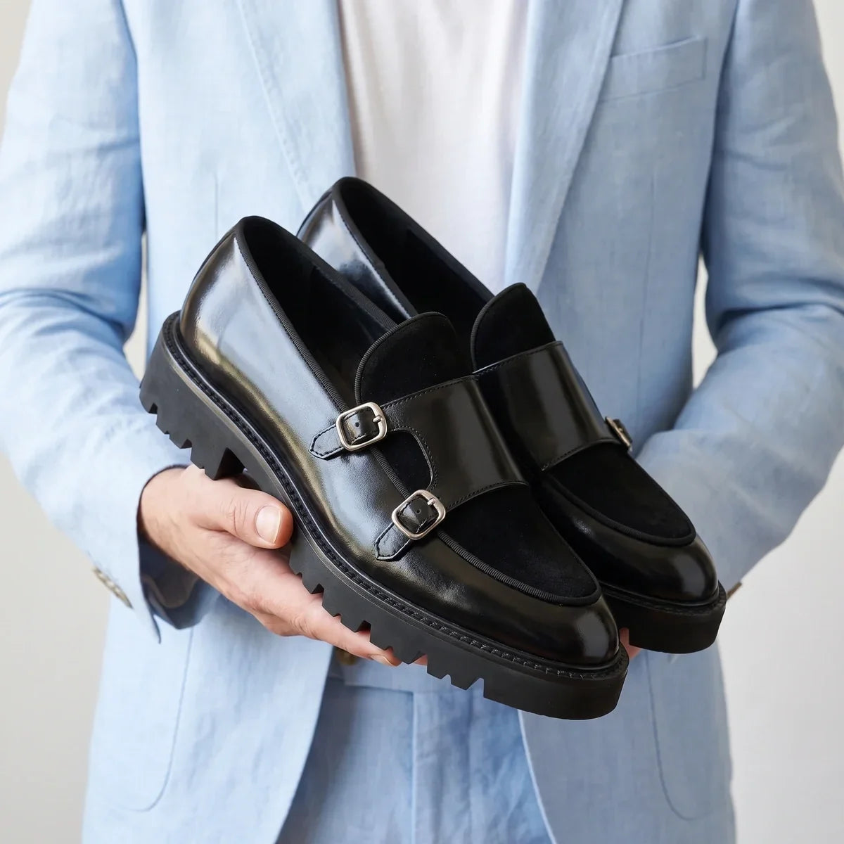 Men's Double Buckle Suede Loafers with Lug Sole for Daily Use Black