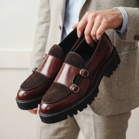 Men's Double Buckle Suede Loafers with Lug Sole for Daily Use Red