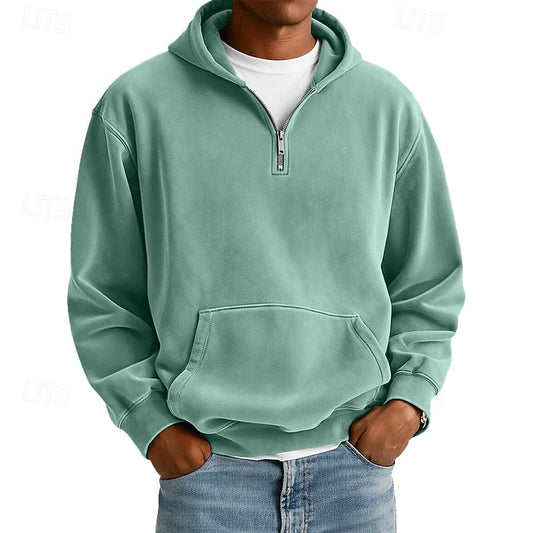 Men's Casual Quarter-Zip Hoodie for Fall and Winter Everyday Wear Light Green