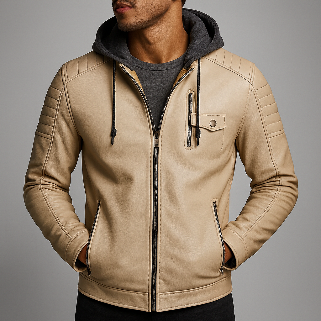 Men's Leather Jacket with Removable Hood for Daily Use Warm