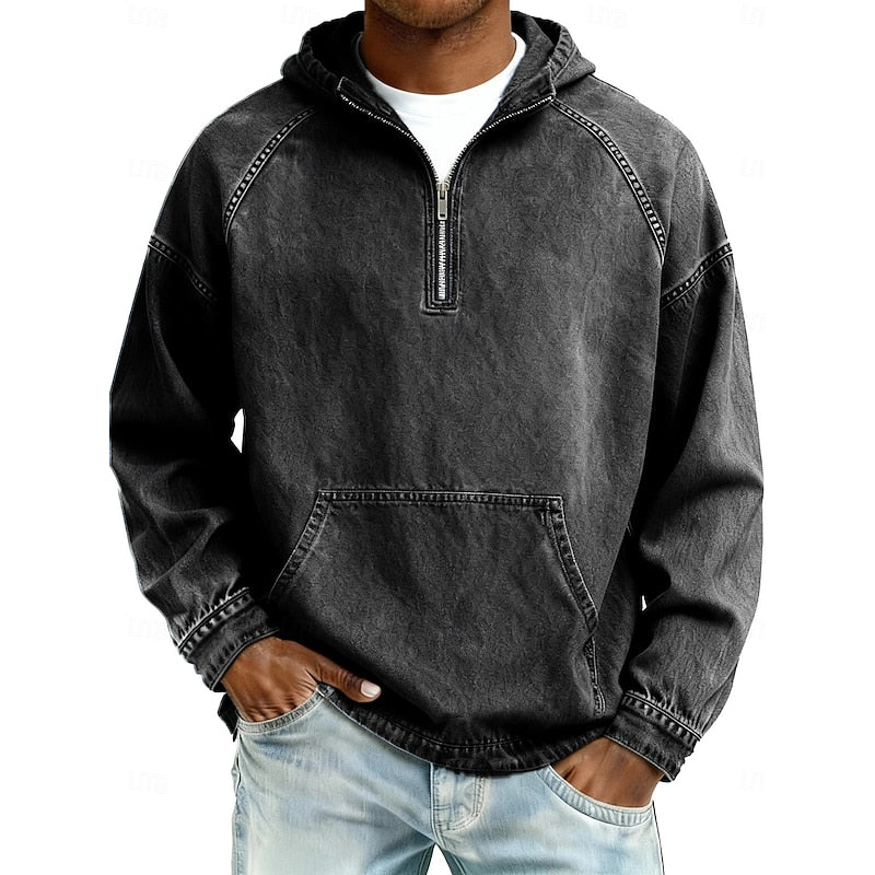 Men's Casual Washed Quarter-Zip Hoodie for Daily Use Warm Black