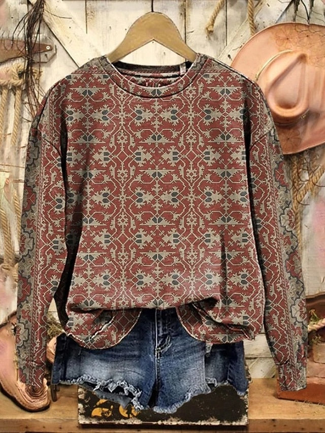 Women's Floral Geometric Pullover Sweatshirt for Daily Use Orange