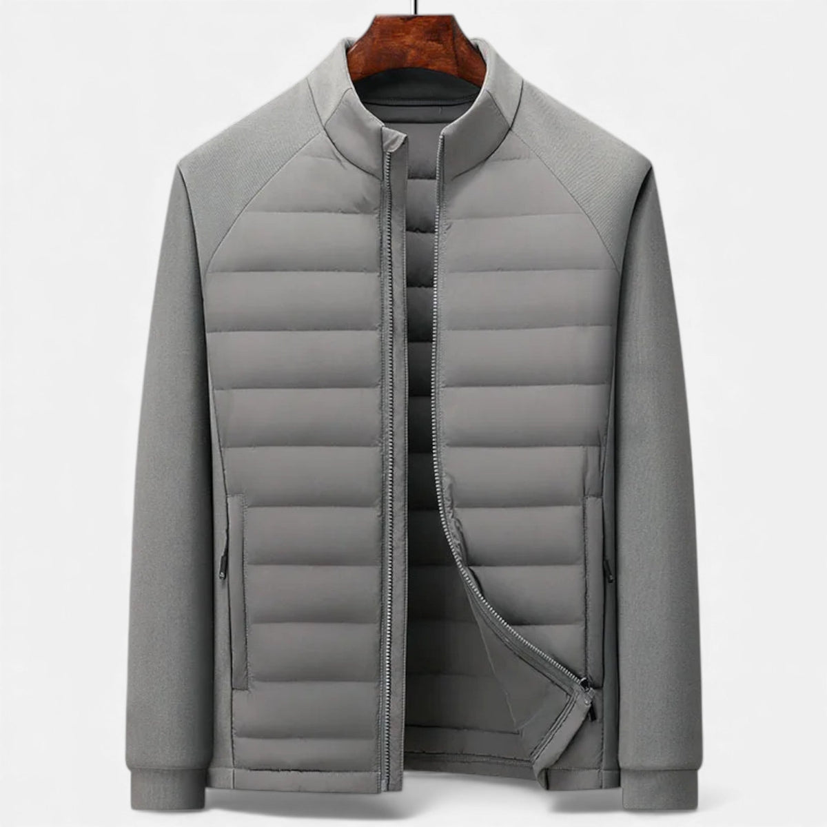 Men's High-Neck Quilted Insulated Jacket for Daily Use Warm Gray
