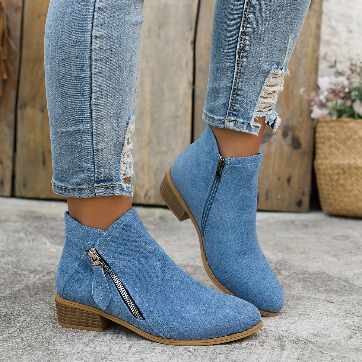 Women's Effortless Zip Ankle Boots with Low Block Heel for Daily Use Blue