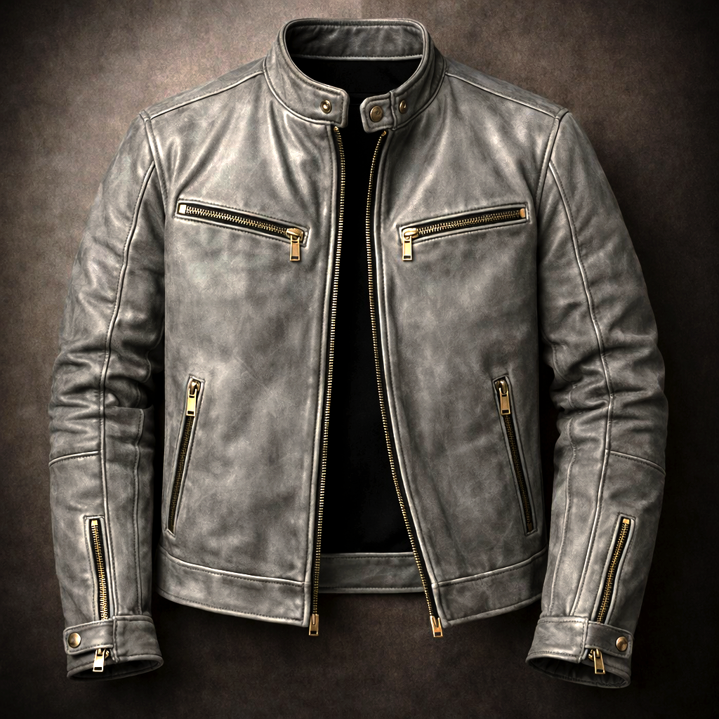 Men's Classic Leather Jacket with Chest Zip Pockets for Daily Use Gray