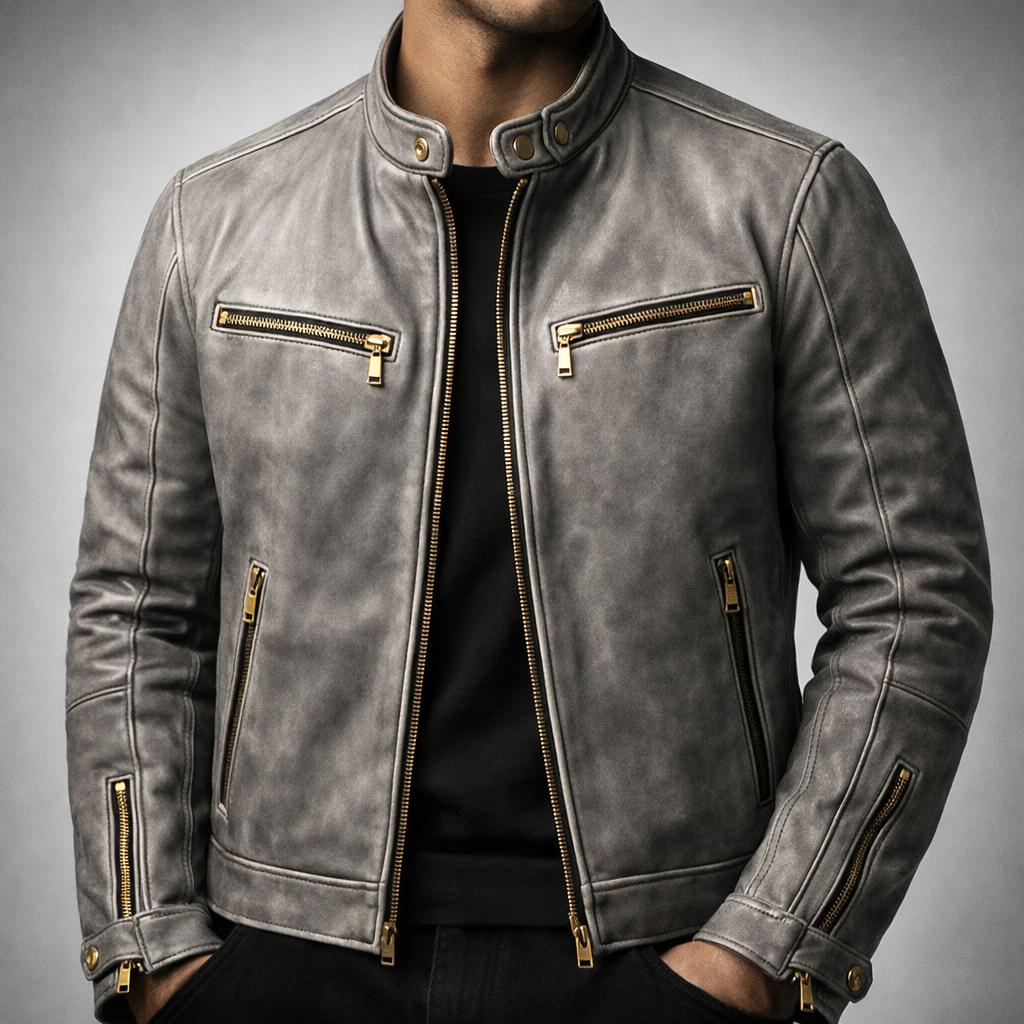Men's Classic Leather Jacket with Chest Zip Pockets for Daily Use