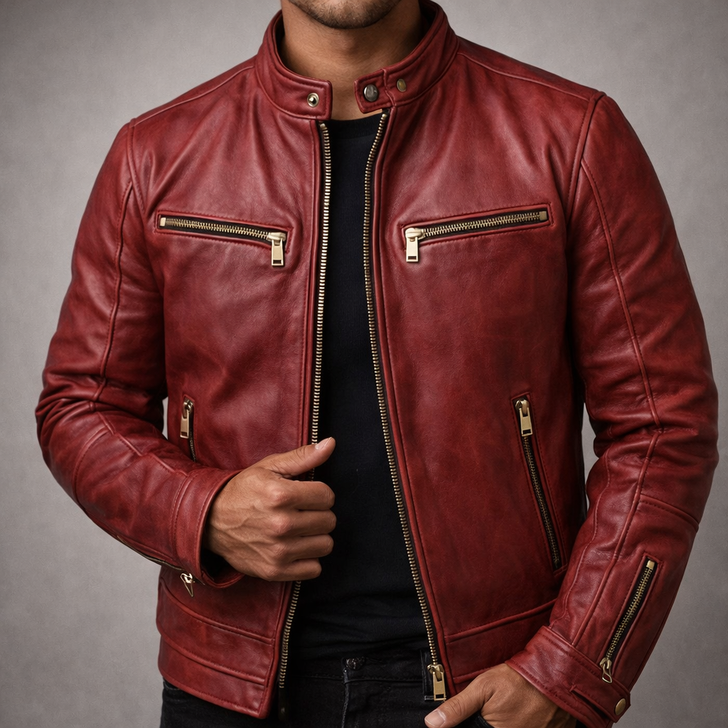 Men's Classic Leather Jacket with Chest Zip Pockets for Daily Use
