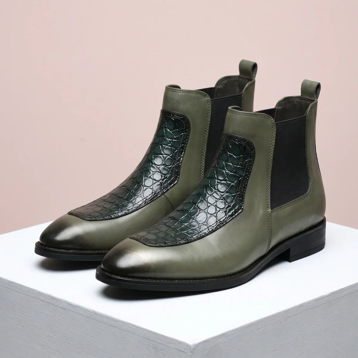 Men's Polished Leather Chelsea Boots with Crocodile Panel Design Olive Green