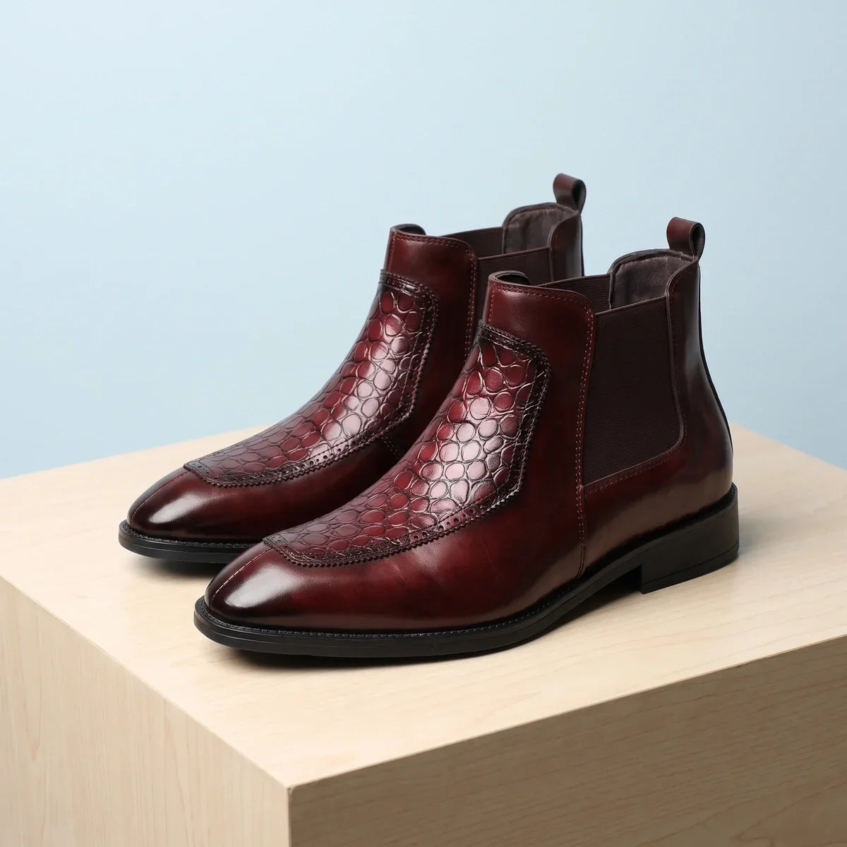Men's Polished Leather Chelsea Boots with Crocodile Panel Design Wine Red