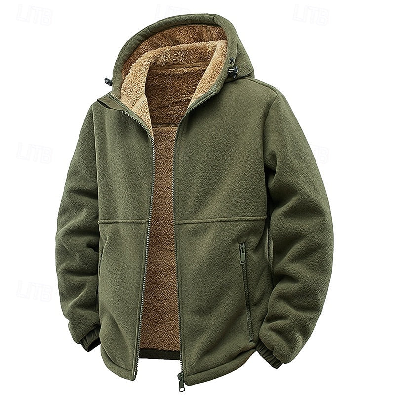 Men's Comfortable Hooded Zip-Up Sweatshirt with Fleece Collar Army Green