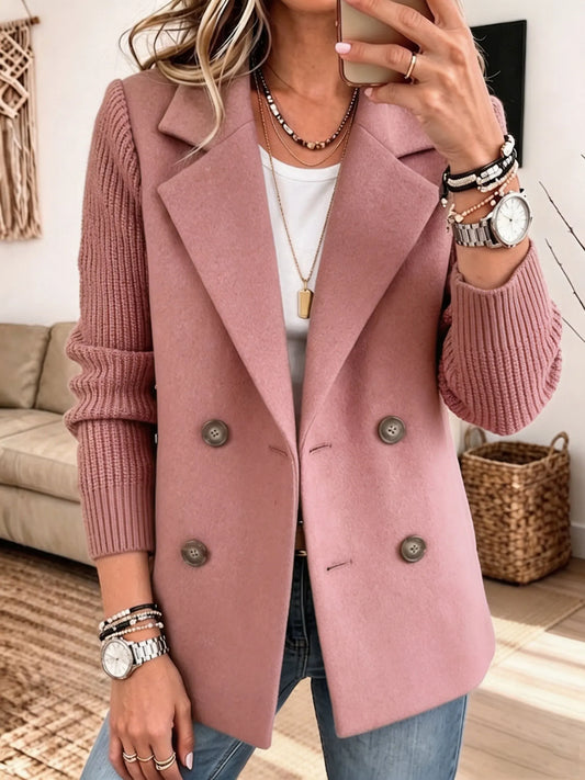 Women's Double-Breasted Blazer with Ribbed Knit Sleeves Pink
