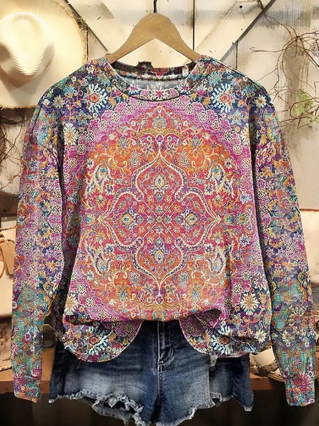 Women's Floral Geometric Pullover Sweatshirt for Daily Use Fuchsia