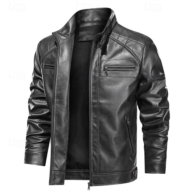 Men's Red Faux Leather Biker Jacket with Stand Collar and Zipper Black