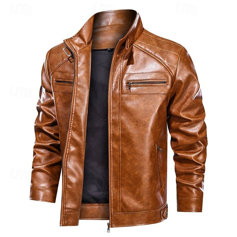Men's Red Faux Leather Biker Jacket with Stand Collar and Zipper Brown