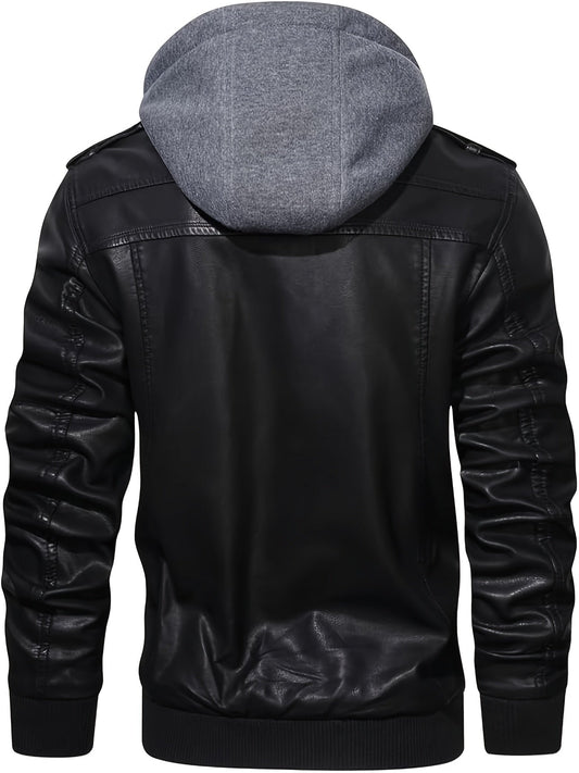 Men's Black Faux Leather Moto Jacket with Removable Hood