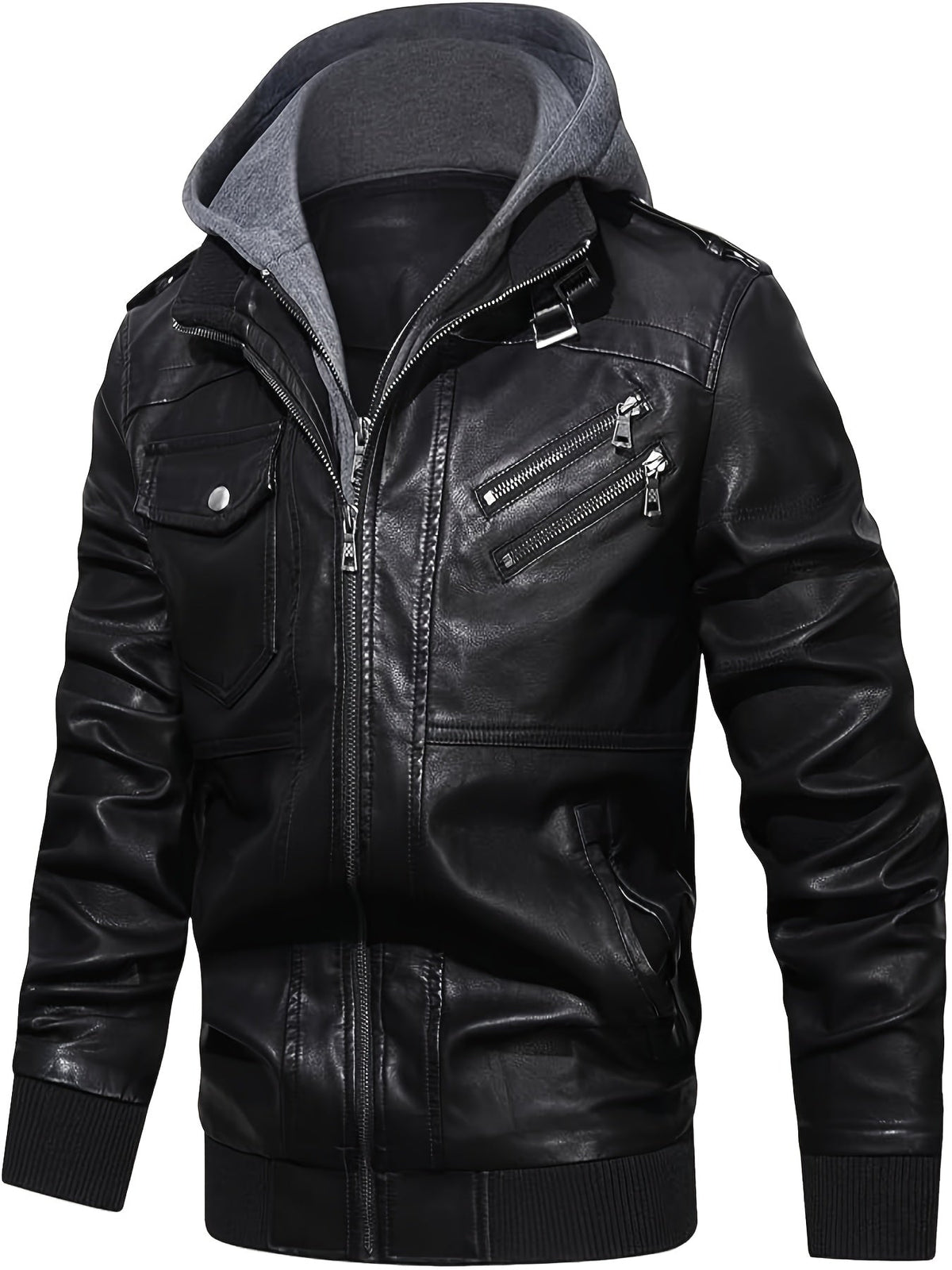 Men's Black Faux Leather Moto Jacket with Removable Hood