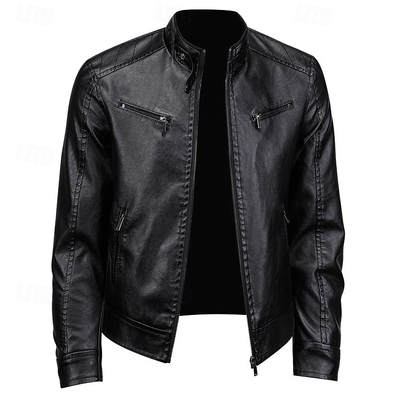 Men's Brown Faux Leather Motorcycle Jacket with Stand Collar Black
