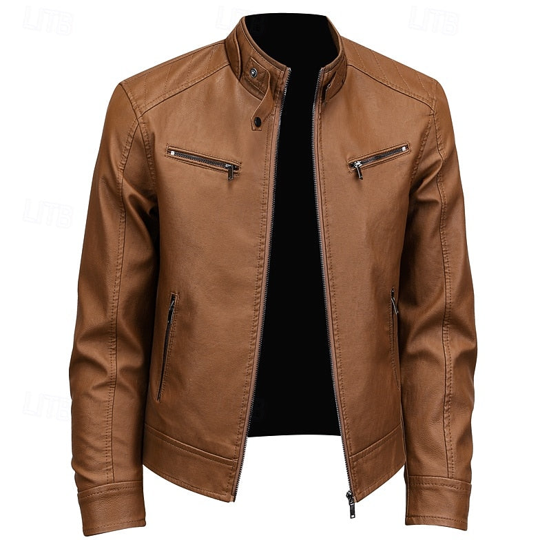 Men's Brown Faux Leather Motorcycle Jacket with Stand Collar