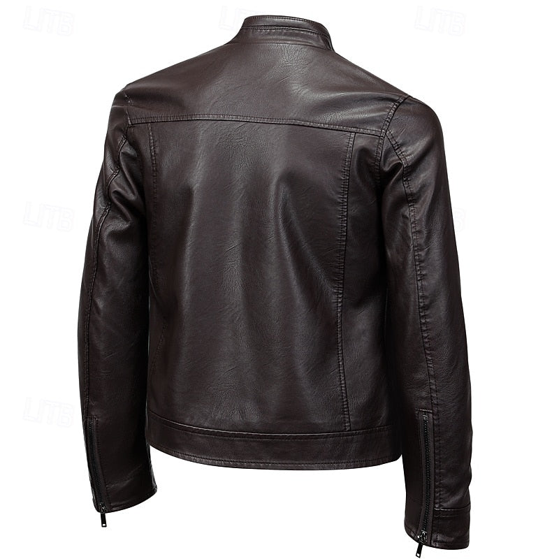 Men's Brown Faux Leather Motorcycle Jacket with Stand Collar Wine