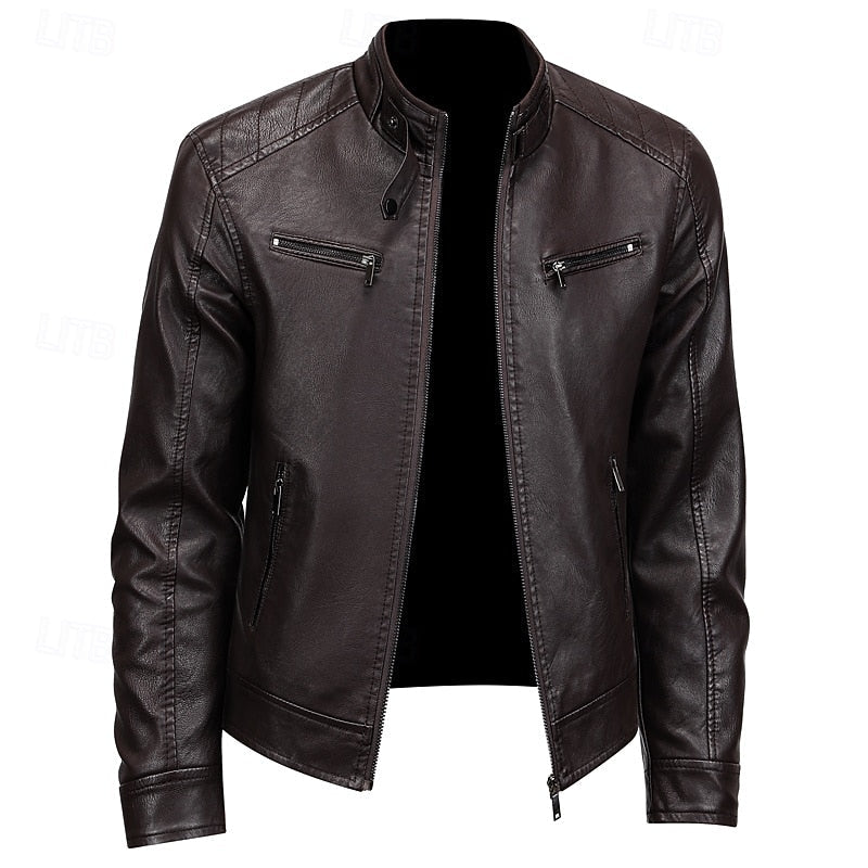 Men's Brown Faux Leather Motorcycle Jacket with Stand Collar Brown